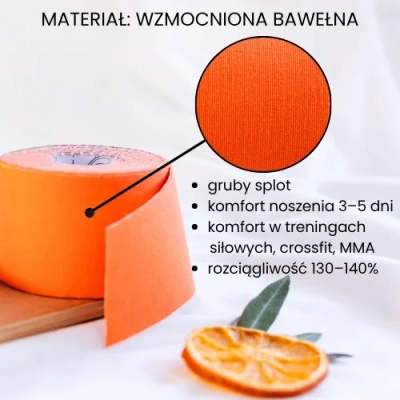 Zbliżenie na grubszy splot bawełny w tejpach 5e POWER w kolorze pomarańczowym